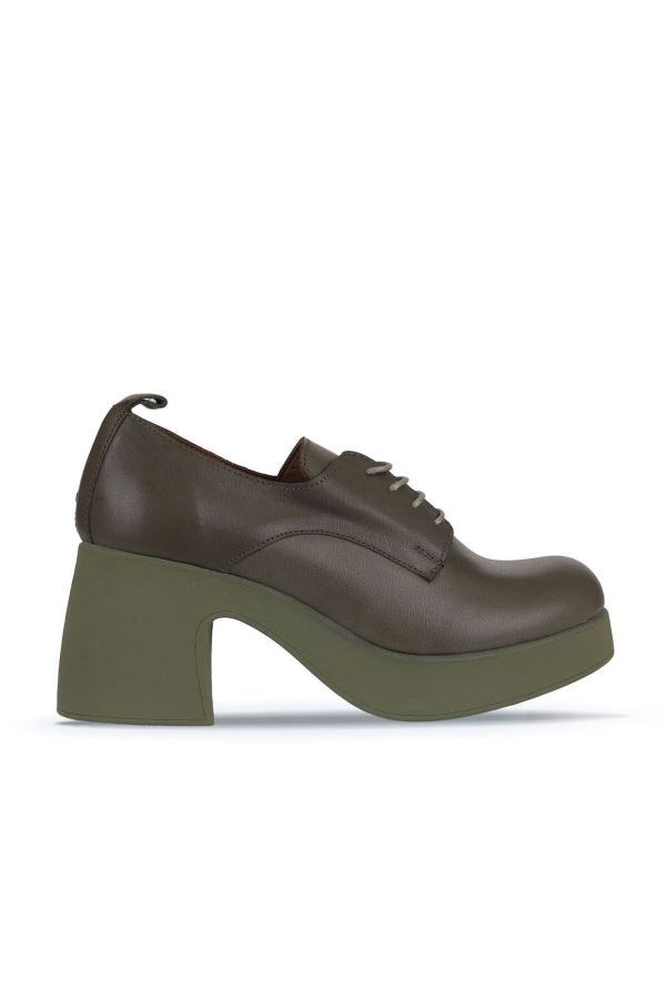 Haki Deri Kadın Topuklu Ayakkabı