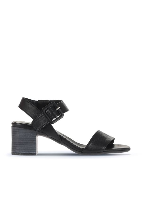 Siyah Deri Kadın Topuklu Sandalet