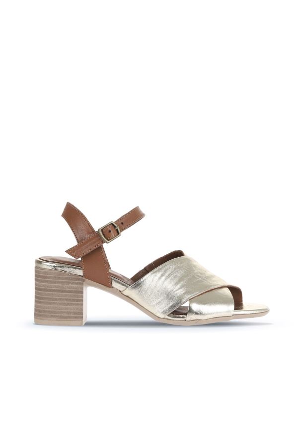 Altın Parlak Deri Kadın Topuklu Sandalet
