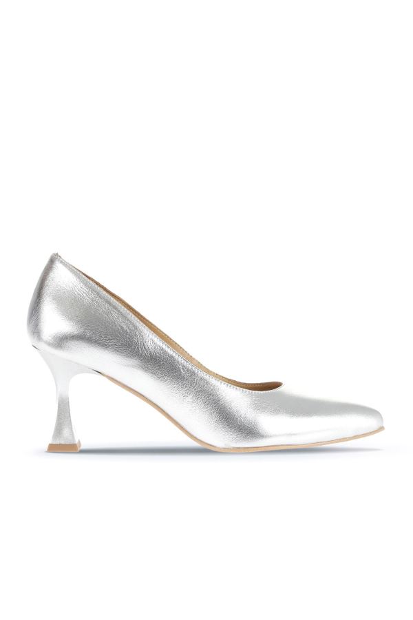 Gümüş Deri Kadın Topuklu Ayakkabı