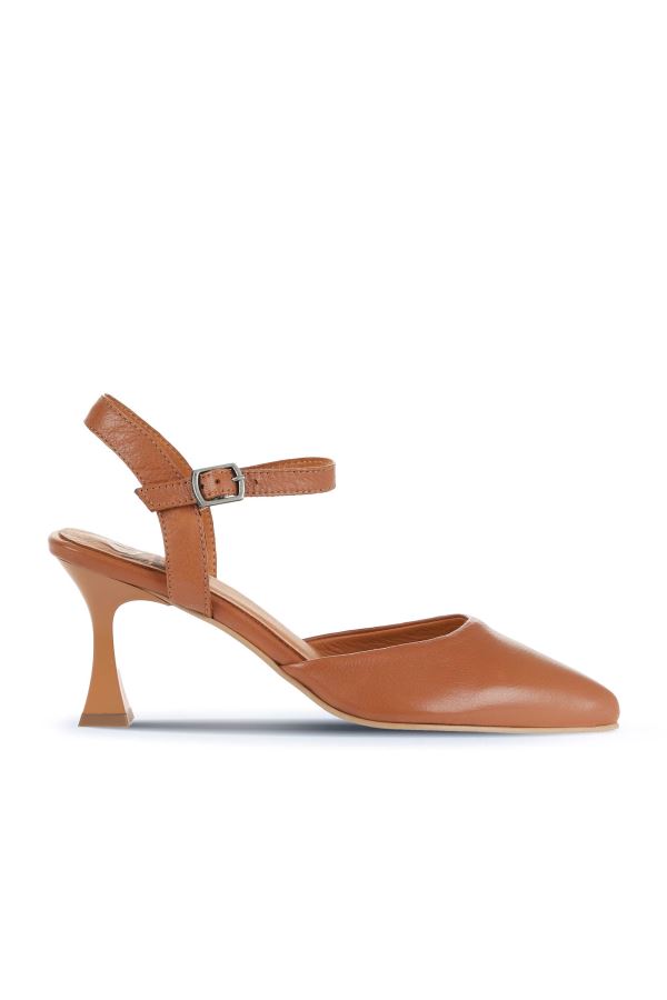 Taba Koyu Deri Kadın Topuklu Ayakkabı