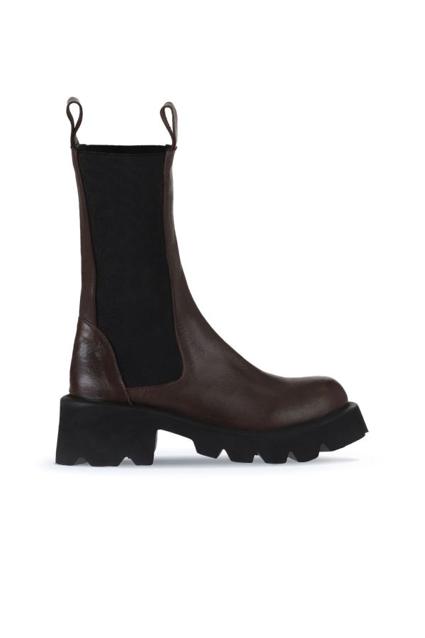 Kahverengi Deri Kadın Topuklu Bot