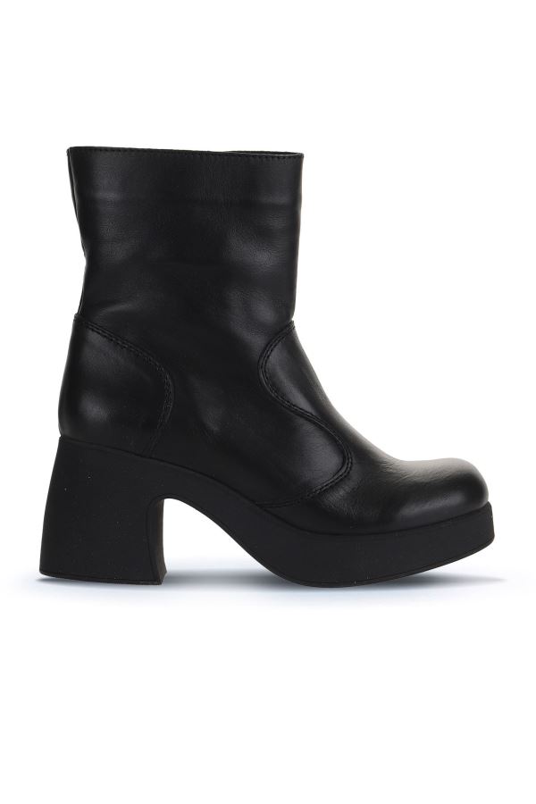 Siyah Deri Kadın Topuklu Bot