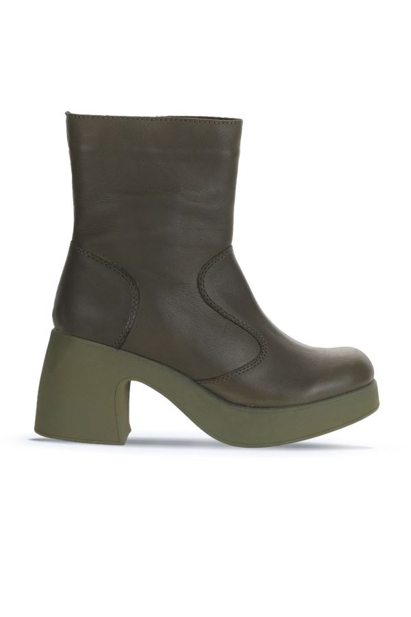 Haki Deri Kadın Topuklu Bot 