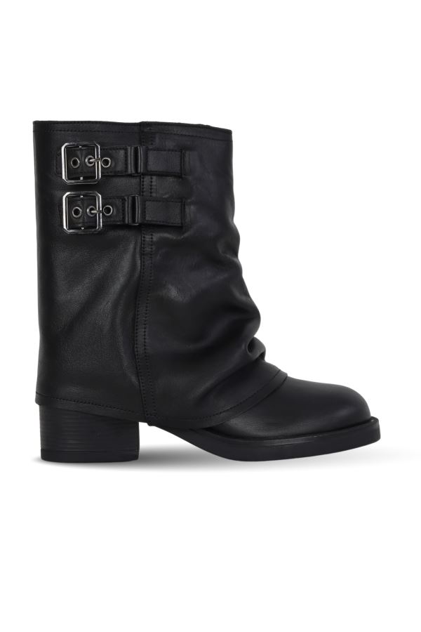 Siyah Deri Kadın Topuklu Bot