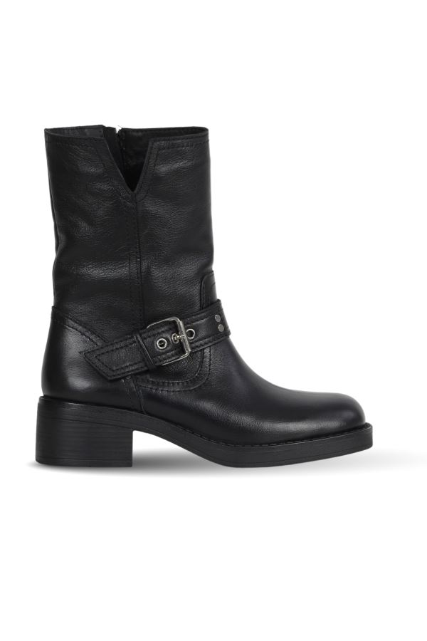 Siyah Deri Kadın Topuklu Bot