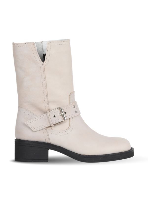 Beyaz Deri Kadın Topuklu Bot