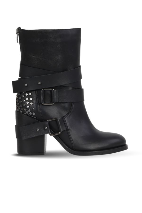 Siyah Deri Kadın Topuklu Bot 