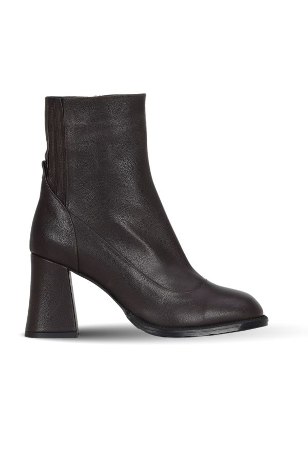Kahverengi Deri Kadın Topuklu Bot