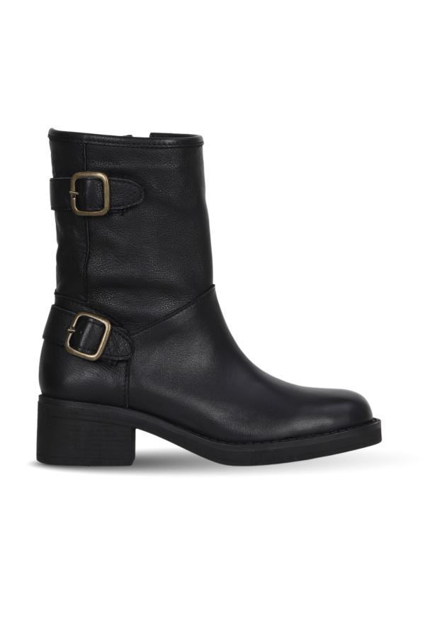 Siyah Deri Kadın Topuklu Bot