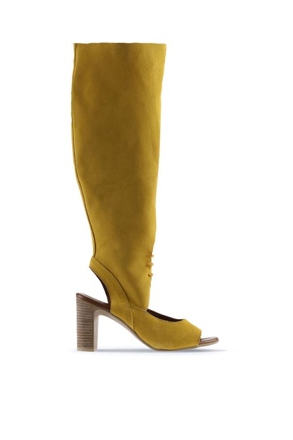 Sarı Süet Kadın Topuklu Çizme