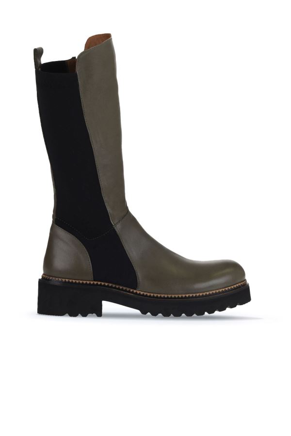 Haki Deri Kadın Düz Çizme