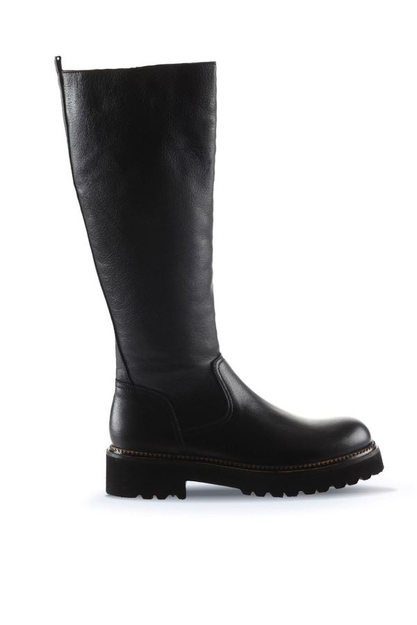 Siyah Flotter Deri Kadın Düz Çizme 