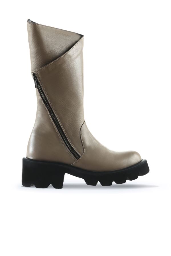 Gri Flotter Deri Kadın Düz Çizme 