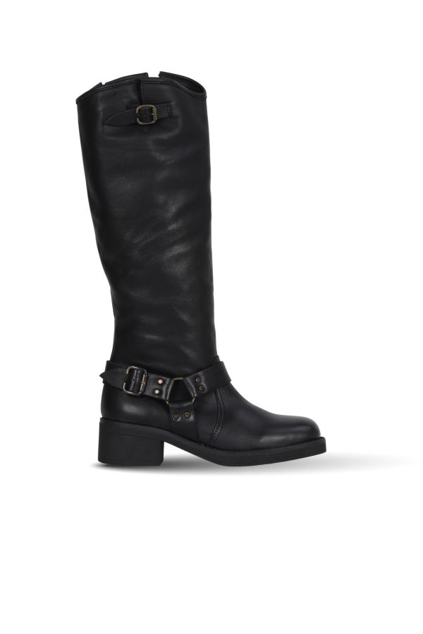 Siyah Deri Kadın Topuklu Çizme