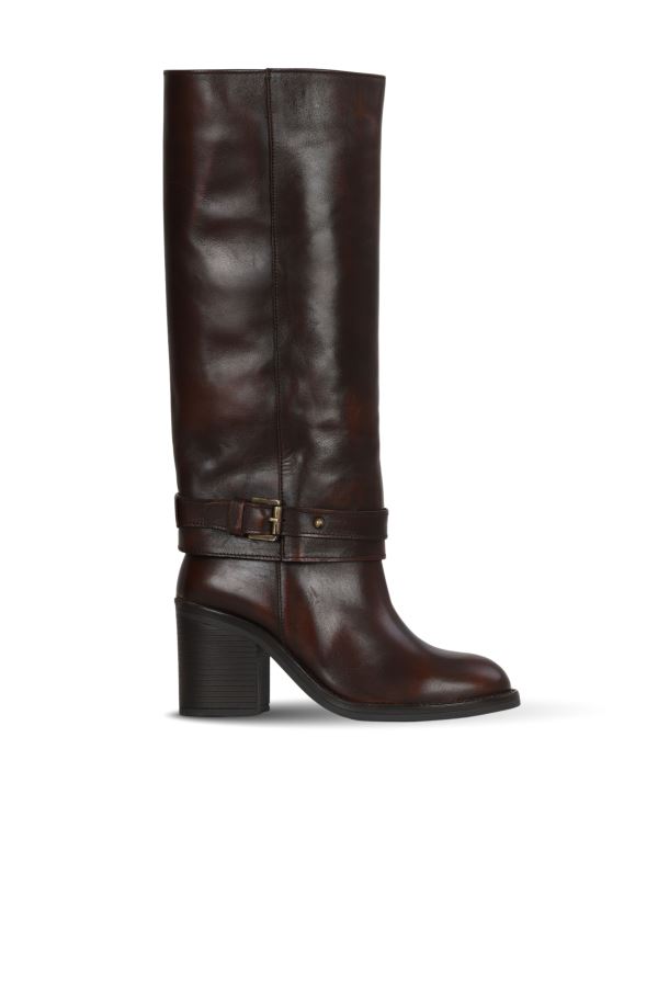 Kahverengi Atlas Deri Kadın Topuklu Çizme