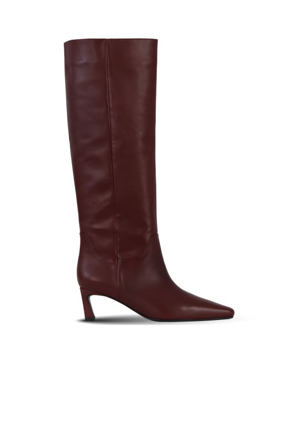 Bordo Deri Kadın Topuklu Çizme