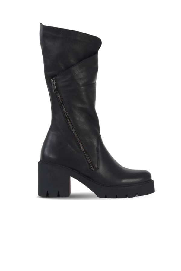 Siyah Deri Kadın Topuklu Çizme