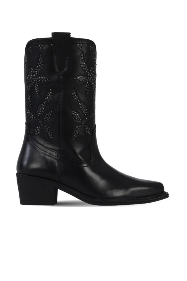 Siyah Deri Kadın Topuklu Çizme