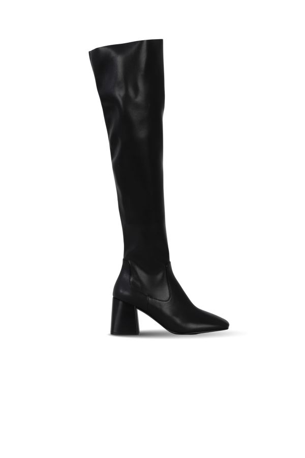 Siyah Deri/Streç Kadın Topuklu Çizme