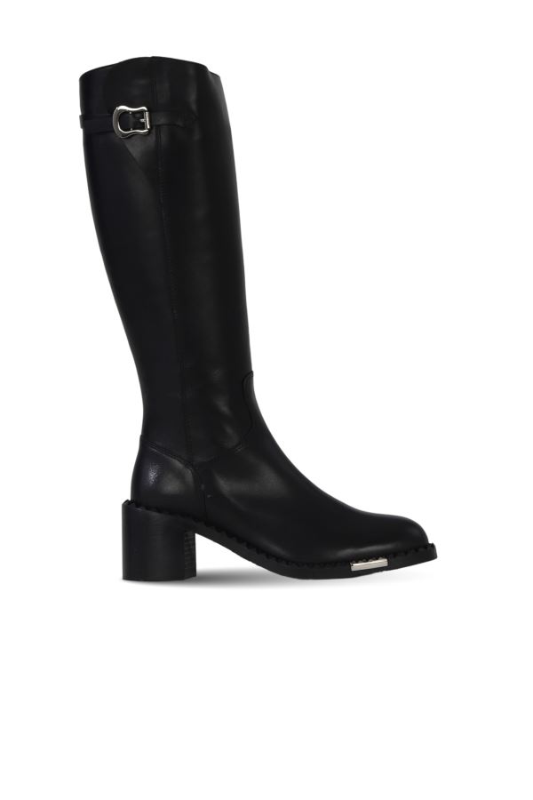 Siyah Deri Kadın Topuklu Çizme