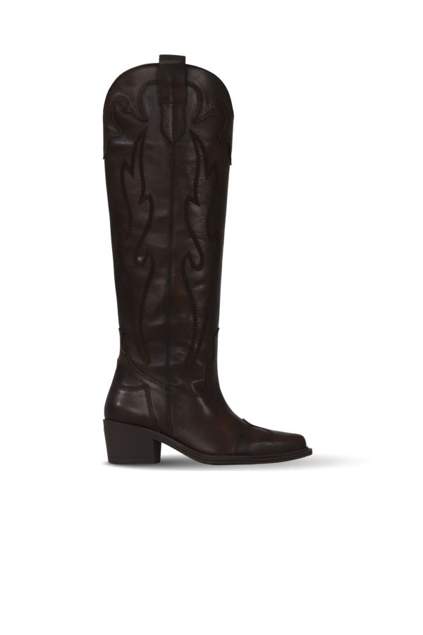 Kahverengi Atlas Deri Kadın Topuklu Çizme 