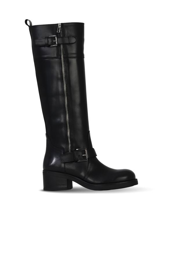 Siyah Deri Kadın Topuklu Çizme