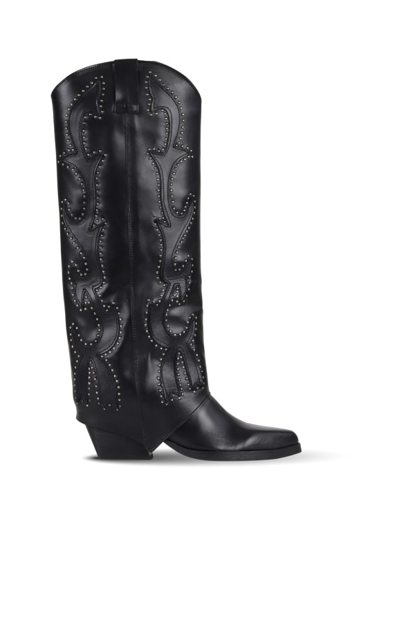 Siyah Deri Kadın Topuklu Çizme