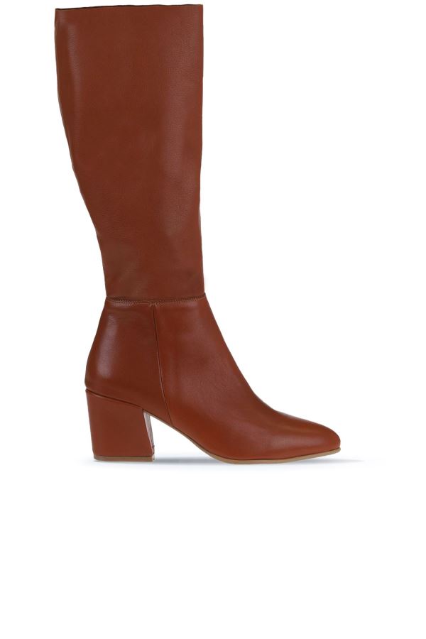 Taba Koyu Deri Kadın Topuklu Çizme