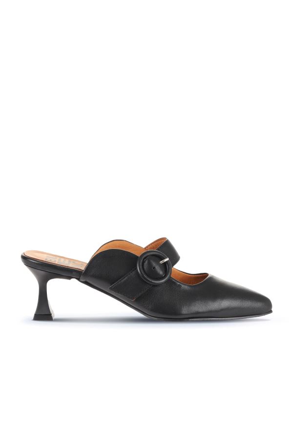 Siyah Deri Kadın Topuklu Terlik