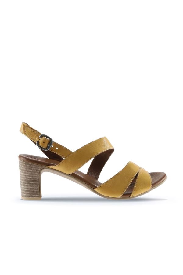 Sarı Deri Kadın Topuklu Sandalet