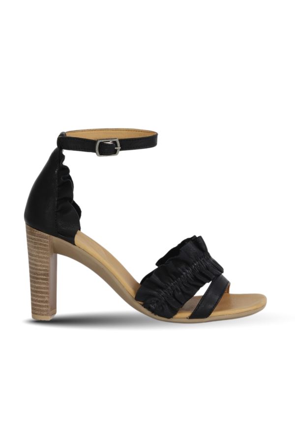 Siyah Deri Kadın Topuklu Sandalet