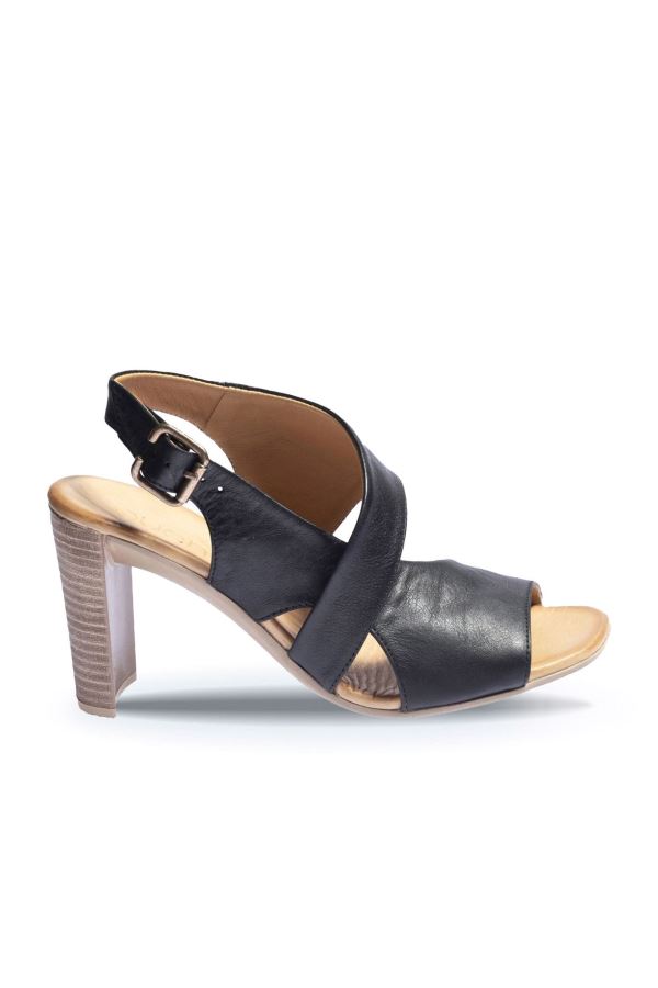Siyah Deri Kadın Topuklu Sandalet