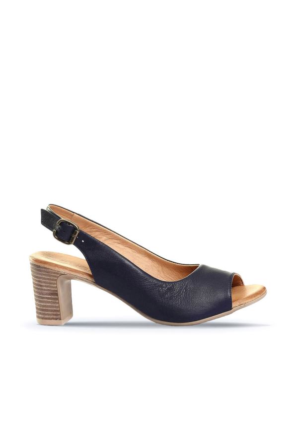 Lacivert Deri Kadın Topuklu Sandalet
