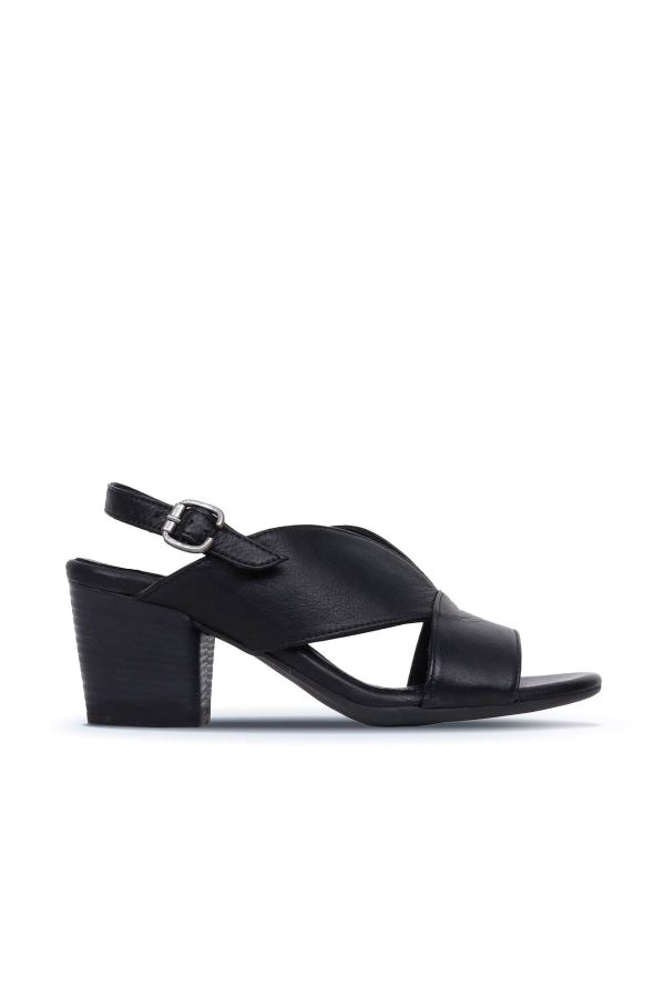 Siyah Deri Kadın Topuklu Sandalet