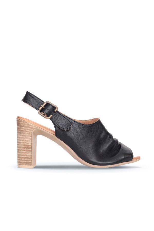Siyah Deri Kadın Topuklu Sandalet 