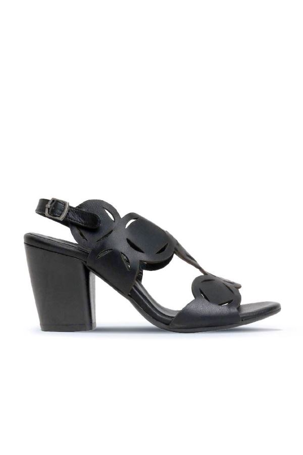 Siyah Deri Kadın Topuklu Sandalet