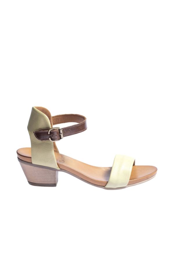 Haki Deri Kadın Topuklu Sandalet