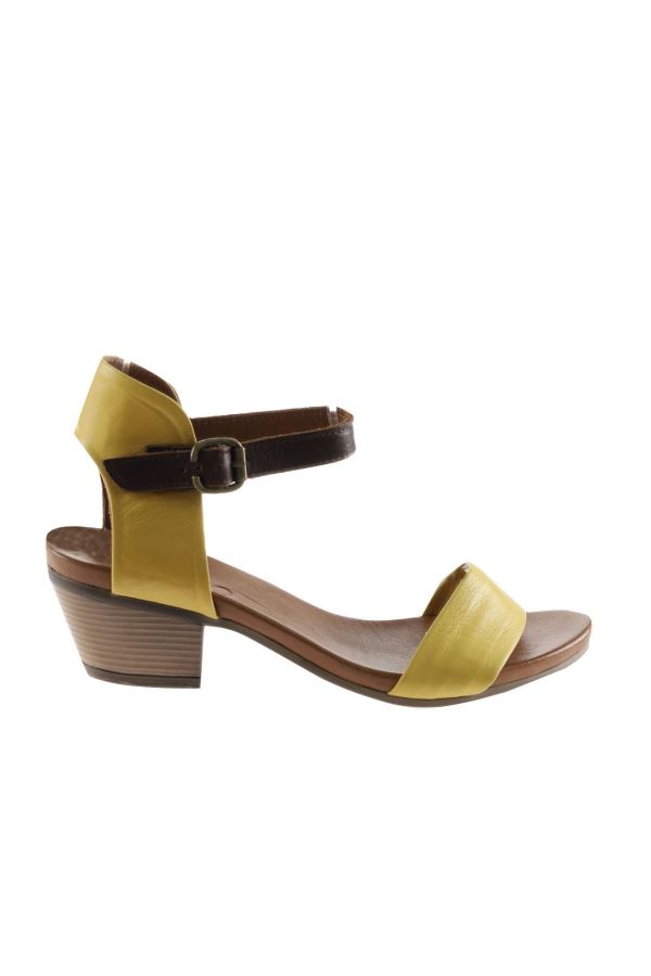 Sarı Deri Kadın Topuklu Sandalet