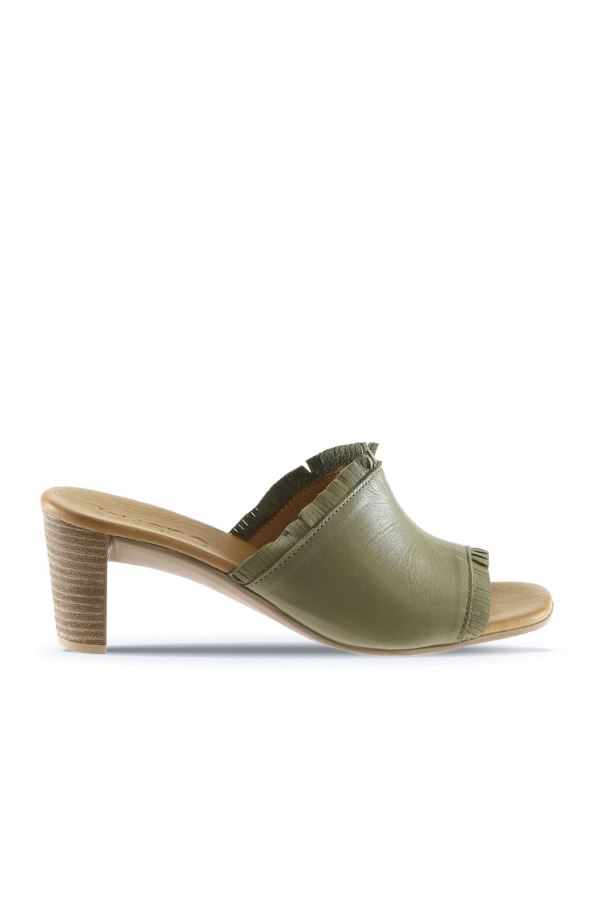 Haki Deri Kadın Topuklu Terlik