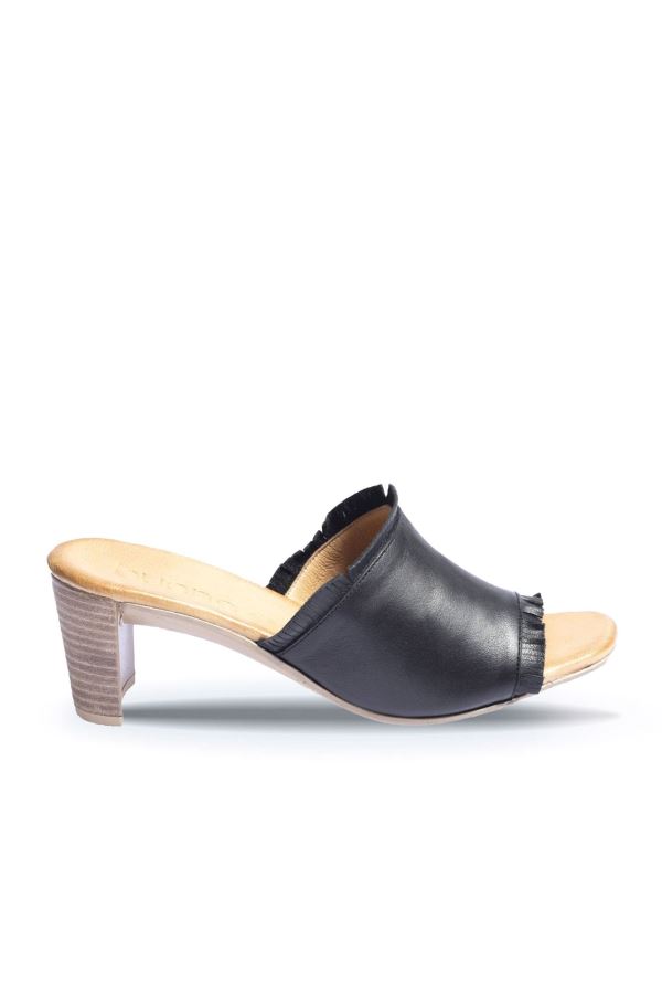 Siyah Deri Kadın Topuklu Terlik