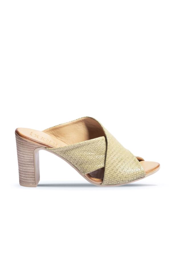 Haki Deri Kadın Topuklu Terlik