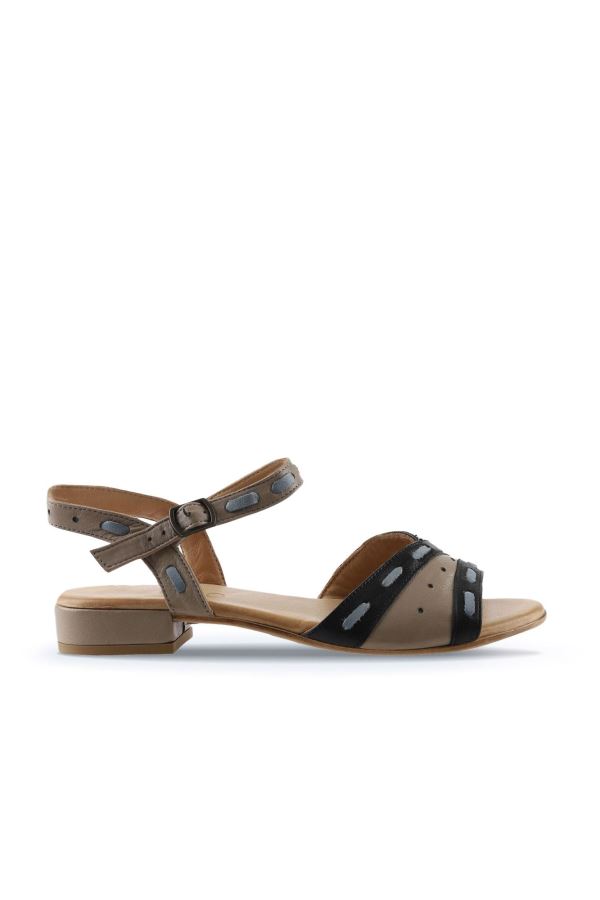 Siyah Gri Deri Kadın Topuklu Sandalet