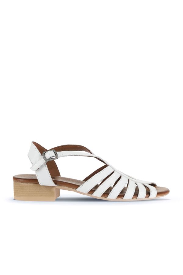 Beyaz Deri Kadın Az Topuklu Sandalet