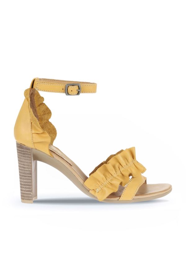 Sarı Deri Kadın Topuklu Sandalet