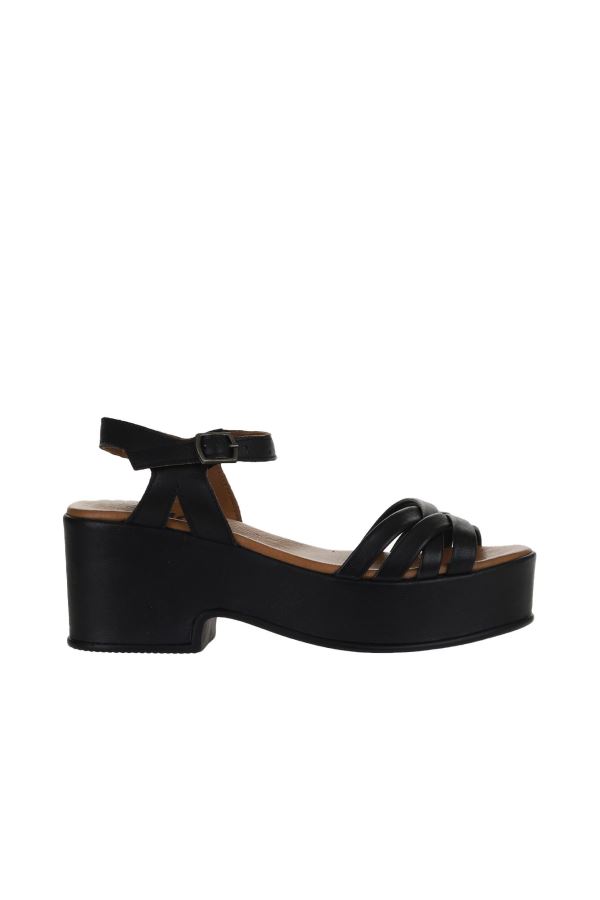 Siyah Khv Deri Kadın Dolgu Topuklu Sandalet 