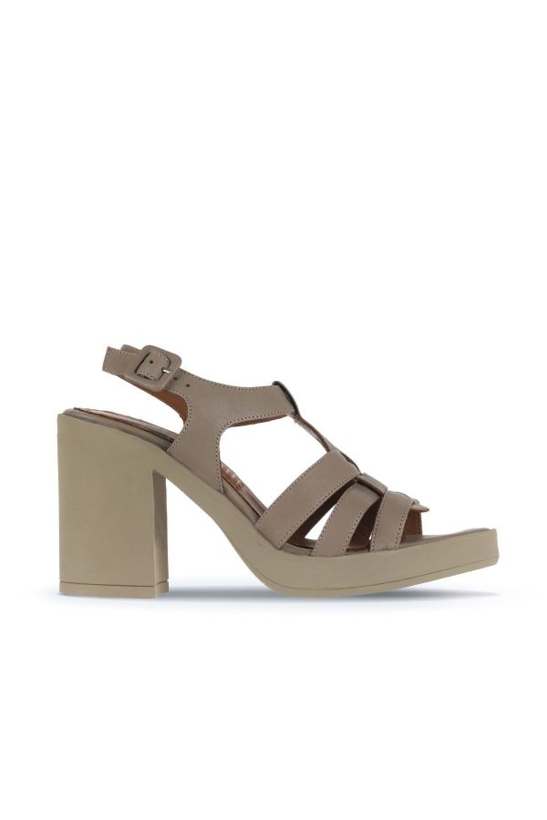 Gri Koyu Deri Kadın Topuklu Sandalet