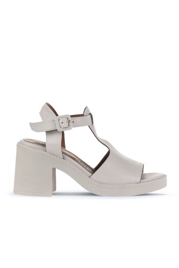 Gri Deri Kadın Topuklu Sandalet