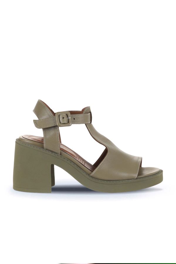 Haki Deri Kadın Topuklu Sandalet