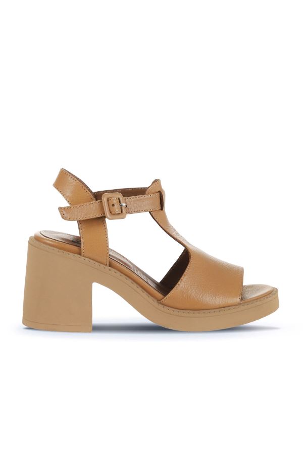 Taba Deri Kadın Topuklu Sandalet